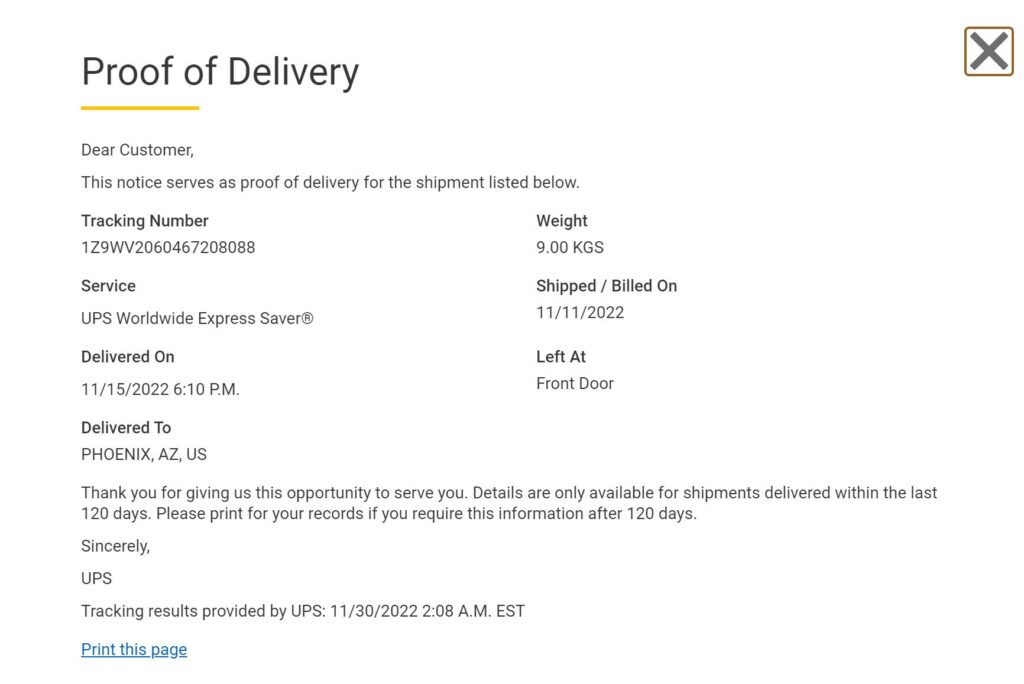 UPS proof of delivery