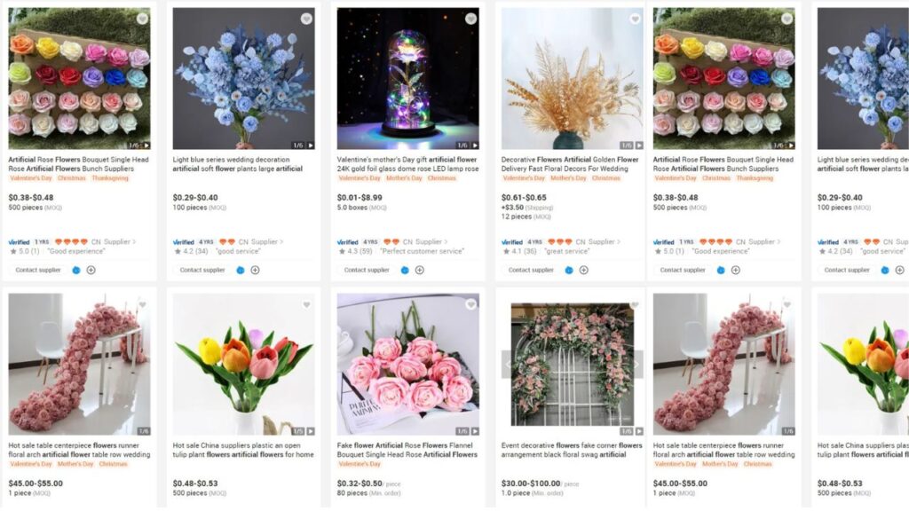 What is the average number of artificial flowers in China's wholesale price?