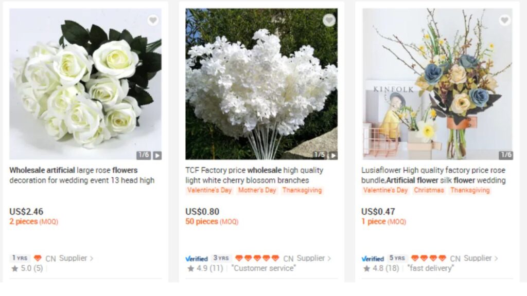 What is the average number of artificial flowers in China's wholesale price