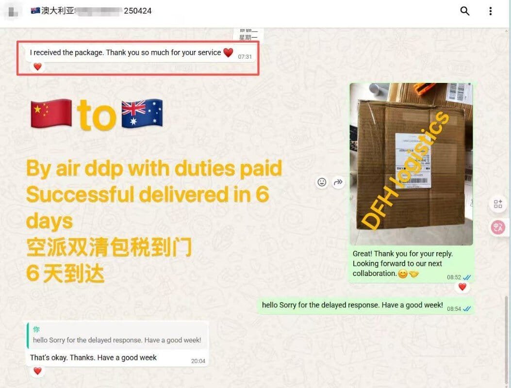 DFH Logistics Happy client China to Australia